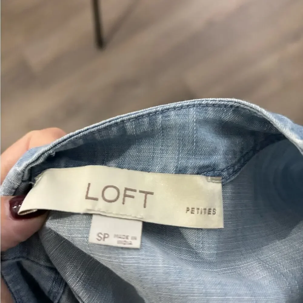 LOFT Short Puff Sleeve Denim Shirt High Round Neck Small Petite